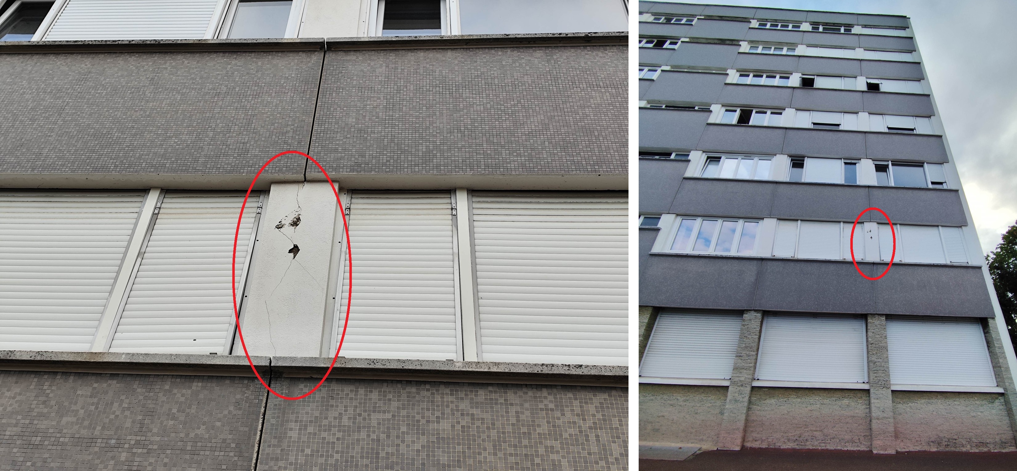 Poteau fissuré supportant 5 étages